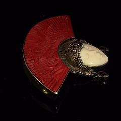Sajen Vintage Pendant Pin 925 Sterling Silver Fan Face Cinnabar Garnet